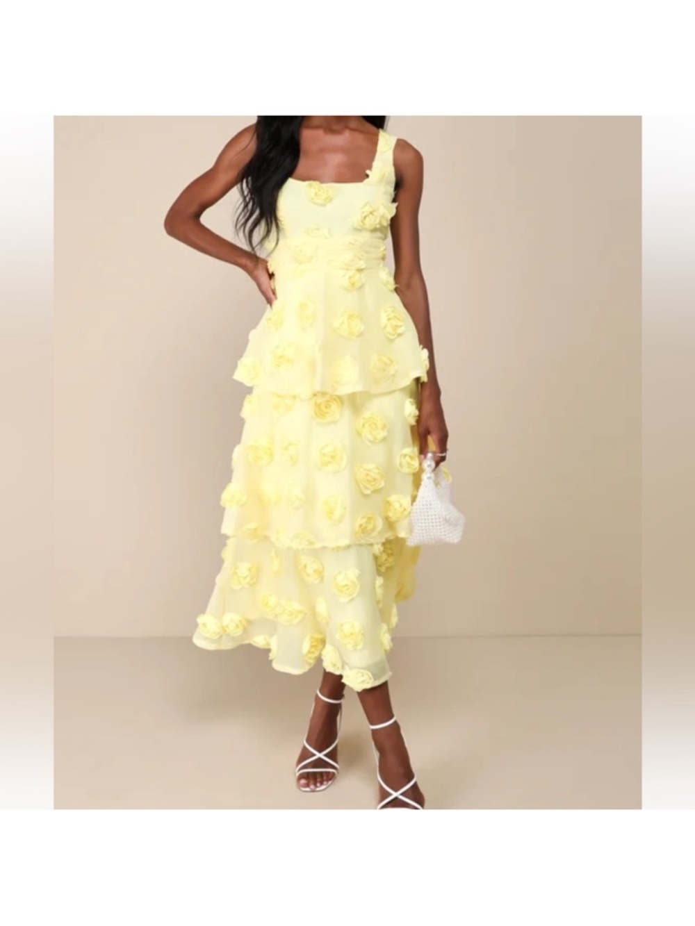 Tiered Floral Rosette Yellow Midi Dress